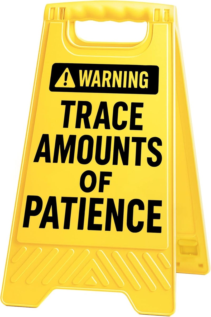 EXUBERIUM Warning Trace Amounts of Patience Funny Reminder Desk Sign Yellow Warning Style Office Table Decorative Gift for Coworkers Friends Home Workspace Phone Holder Mirror Acrylic Cubicle Tabletop Sign - Image 1